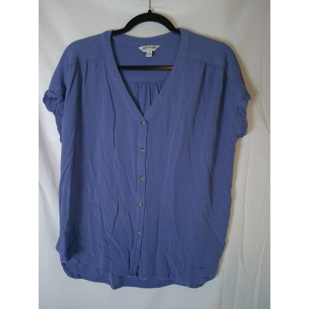 Orvis Classic Collection Womens Medium Blue V-Neck Button Front Crepe Blouse Top